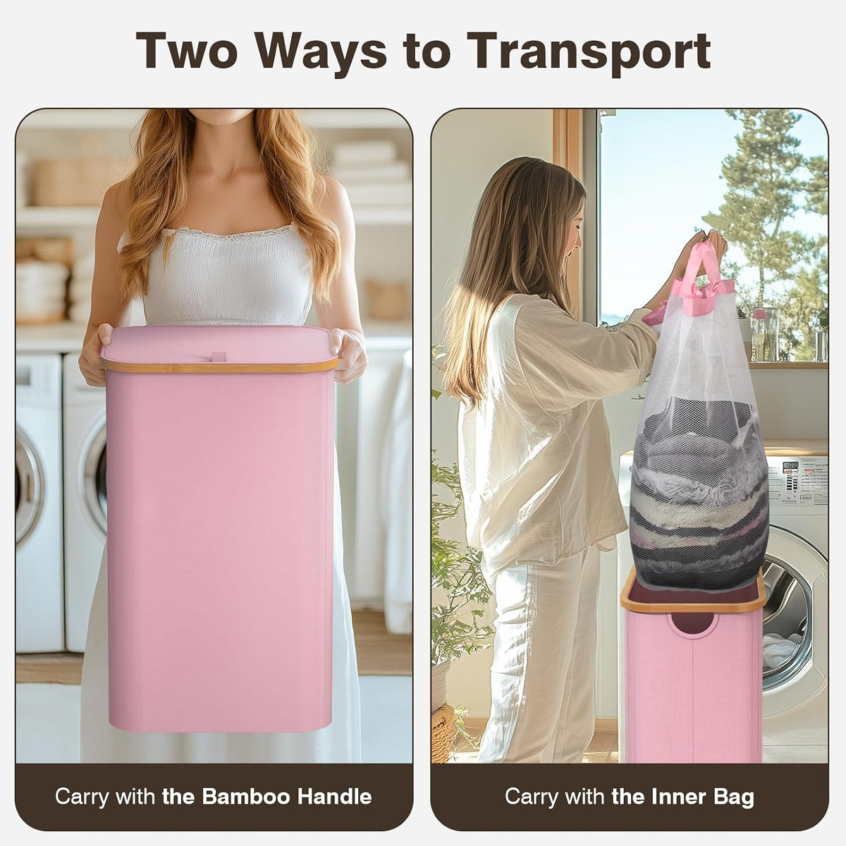 Laundry Hamper with Lid, Laundry Basket with Removable Bag, Pink