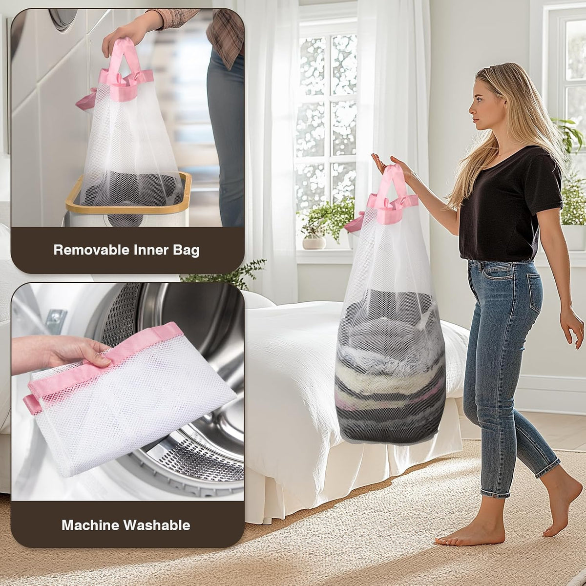 Laundry Hamper with Lid, Laundry Basket with Removable Bag, Pink