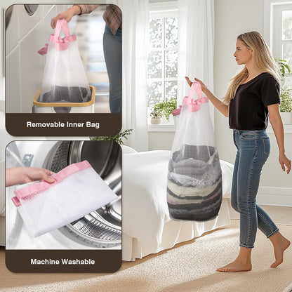 Laundry Hamper with Lid, Laundry Basket with Removable Bag, Pink