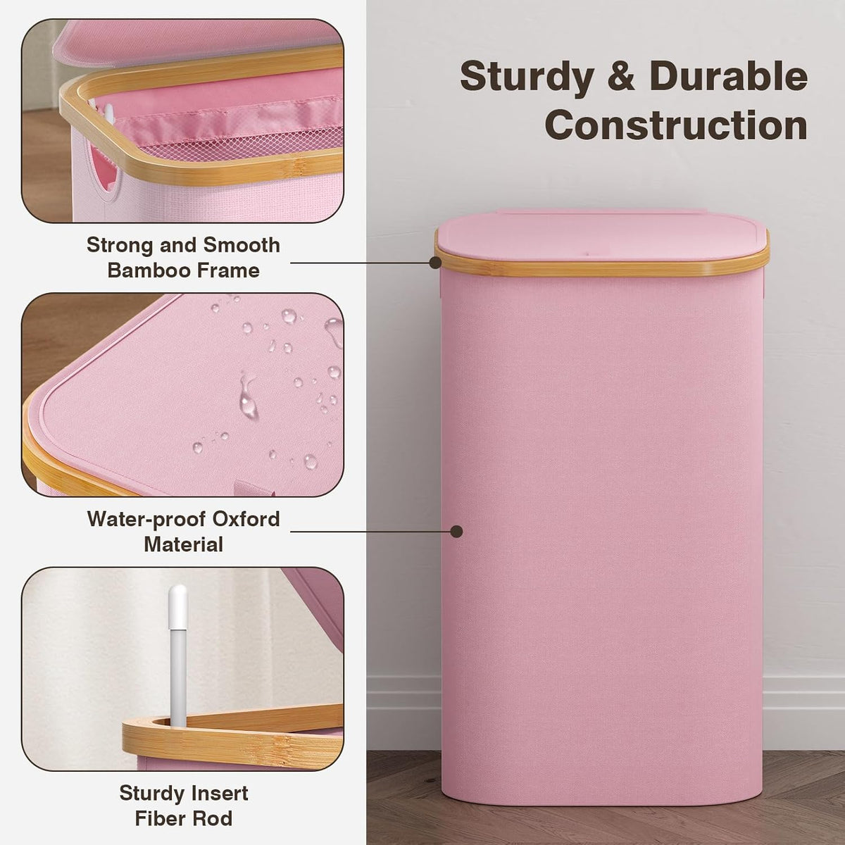 Laundry Hamper with Lid, Laundry Basket with Removable Bag, Pink