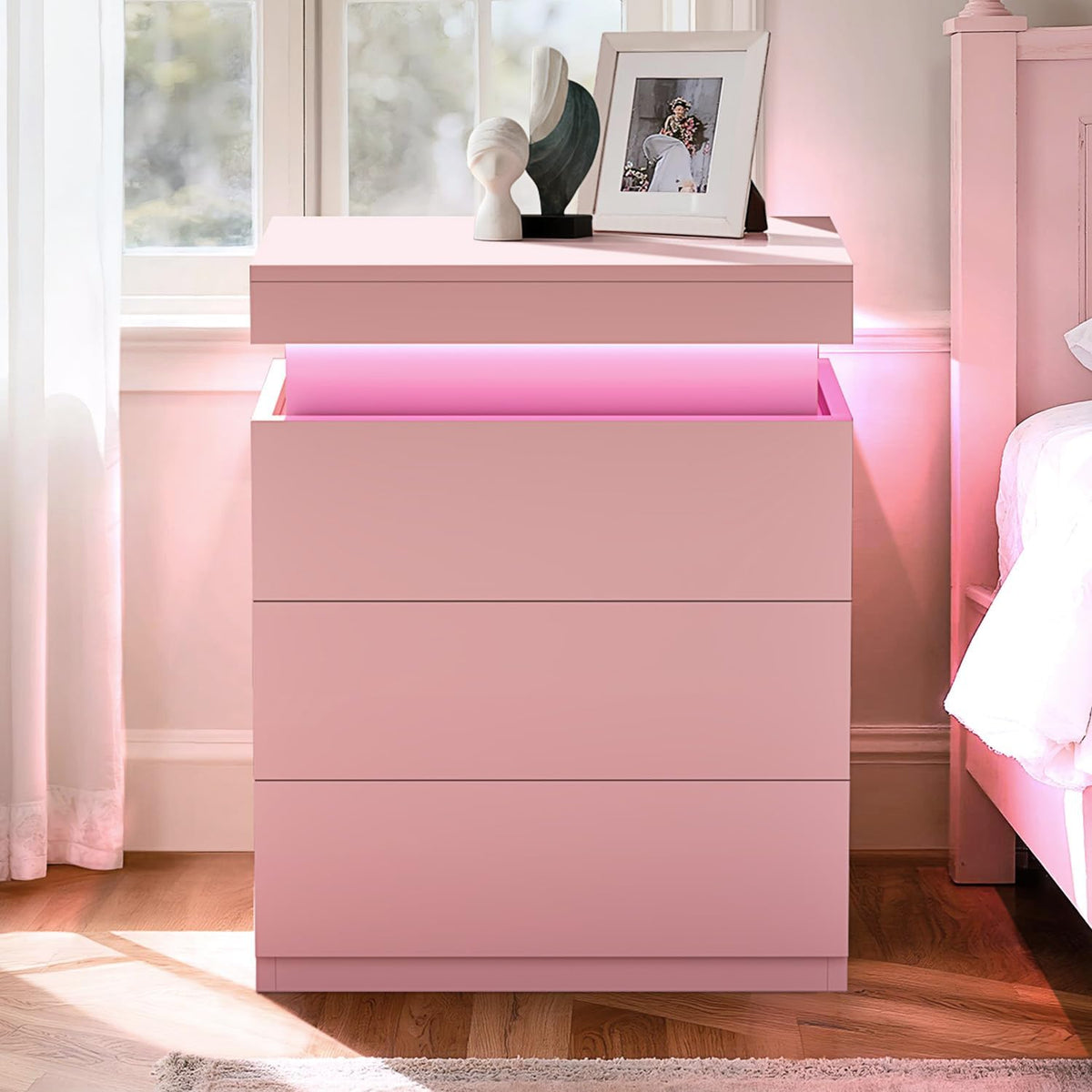 Pink Nightstand with Charging Station and LED Lights