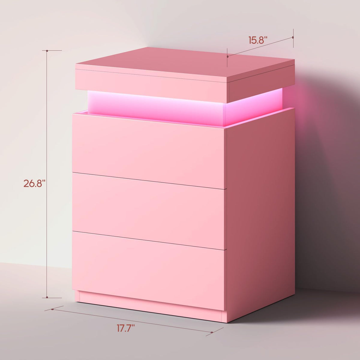 Pink Nightstand with Charging Station and LED Lights