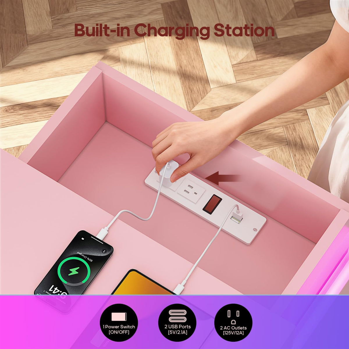 Pink Nightstand with Charging Station and LED Lights