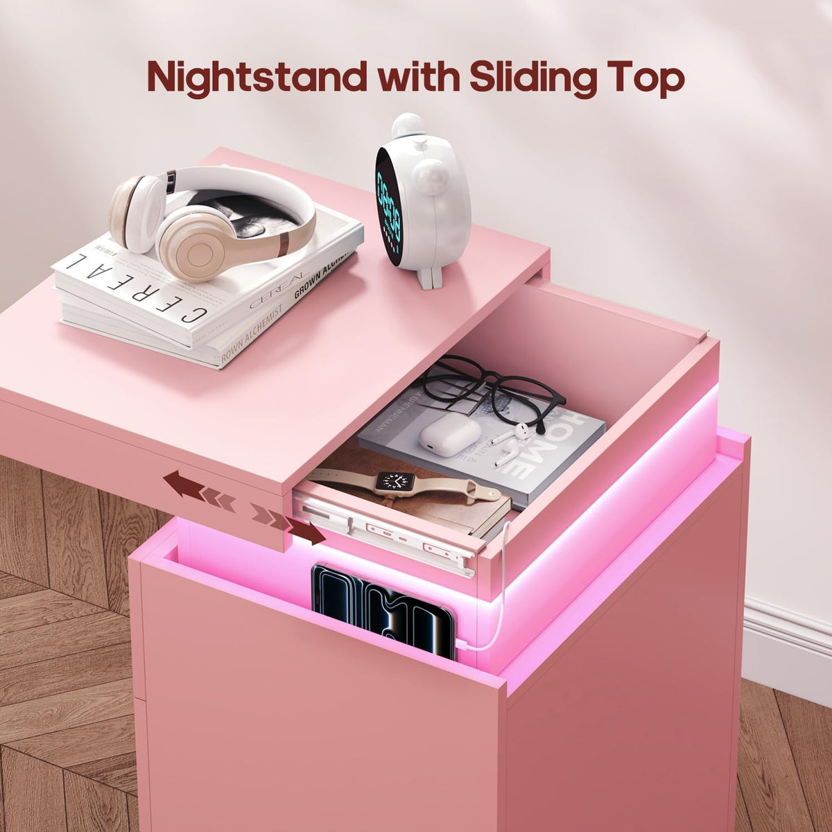 Pink Nightstand with Charging Station and LED Lights