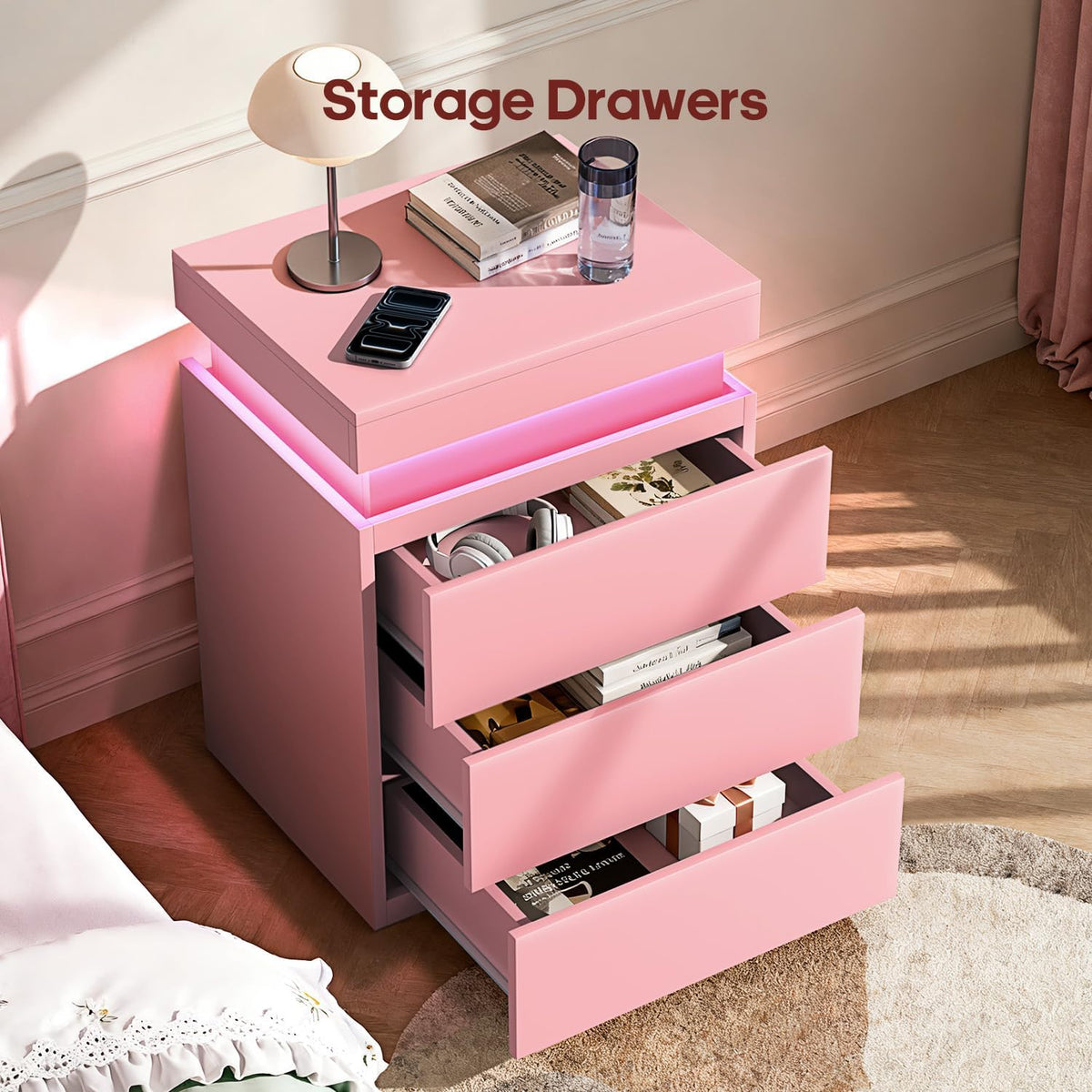 Pink Nightstand with Charging Station and LED Lights