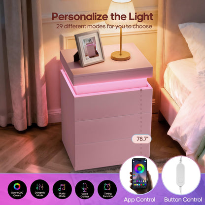 Pink Nightstand with Charging Station and LED Lights