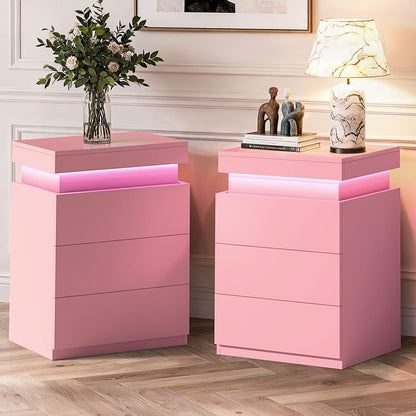 Pink Nightstand with Charging Station and LED Lights