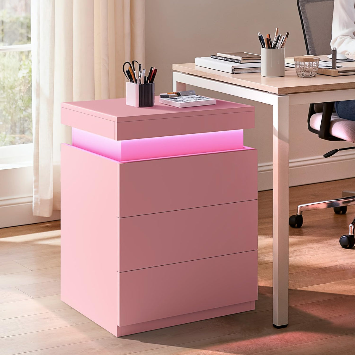 Pink Nightstand with Charging Station and LED Lights