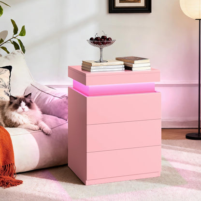 Pink Nightstand with Charging Station and LED Lights