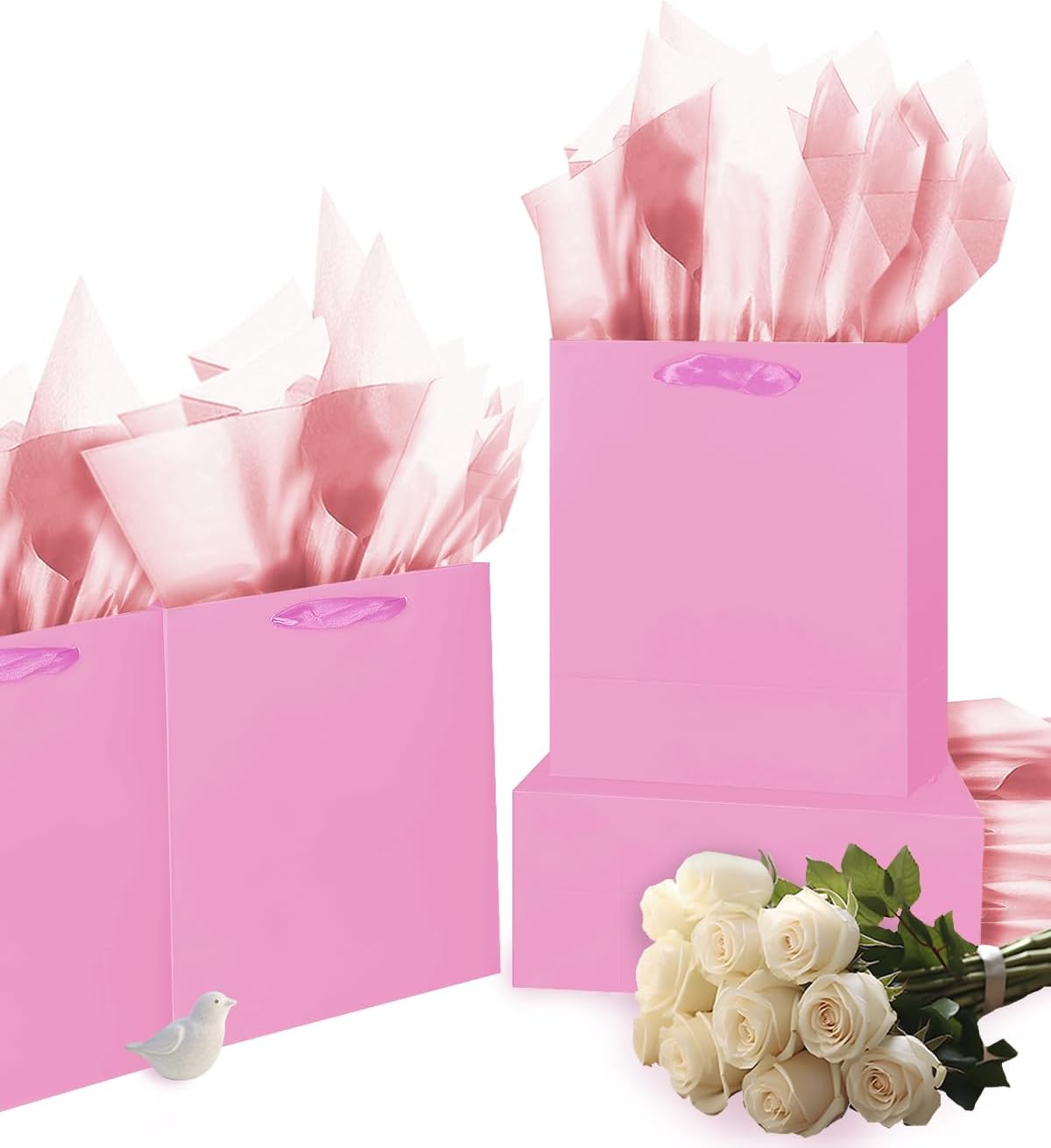 Pink Gift Bags with Tissue Paper for Wedding, Birthday, Party Supplies-7.9"x4.3"x9.6" Medium Size Cardboard Gift Bags（5pcs Bags + Tissue Paper ）