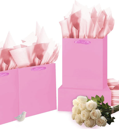 Pink Gift Bags with Tissue Paper for Wedding, Birthday, Party Supplies-7.9"x4.3"x9.6" Medium Size Cardboard Gift Bags（5pcs Bags + Tissue Paper ）