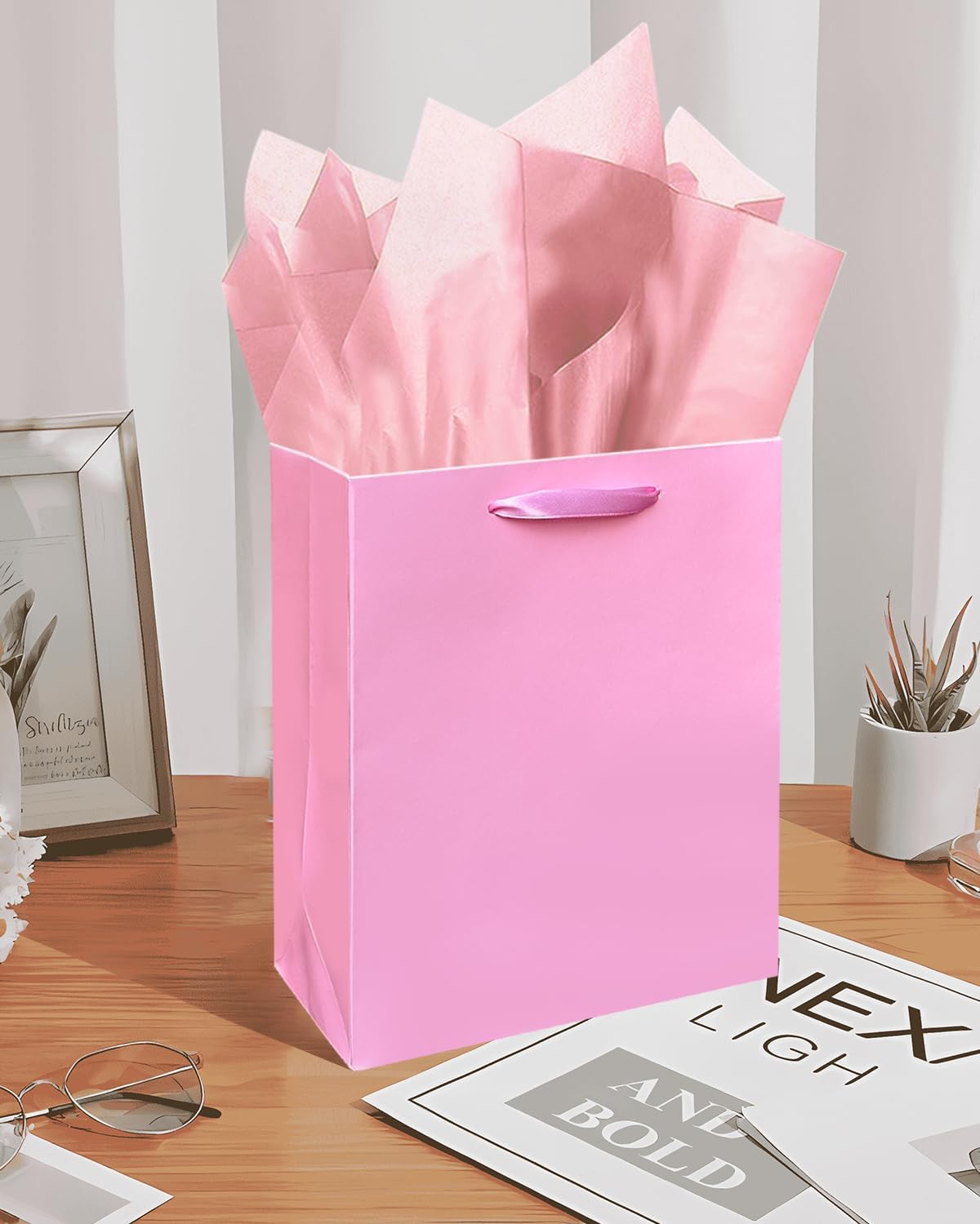 Pink Gift Bags with Tissue Paper for Wedding, Birthday, Party Supplies-7.9"x4.3"x9.6" Medium Size Cardboard Gift Bags（5pcs Bags + Tissue Paper ）