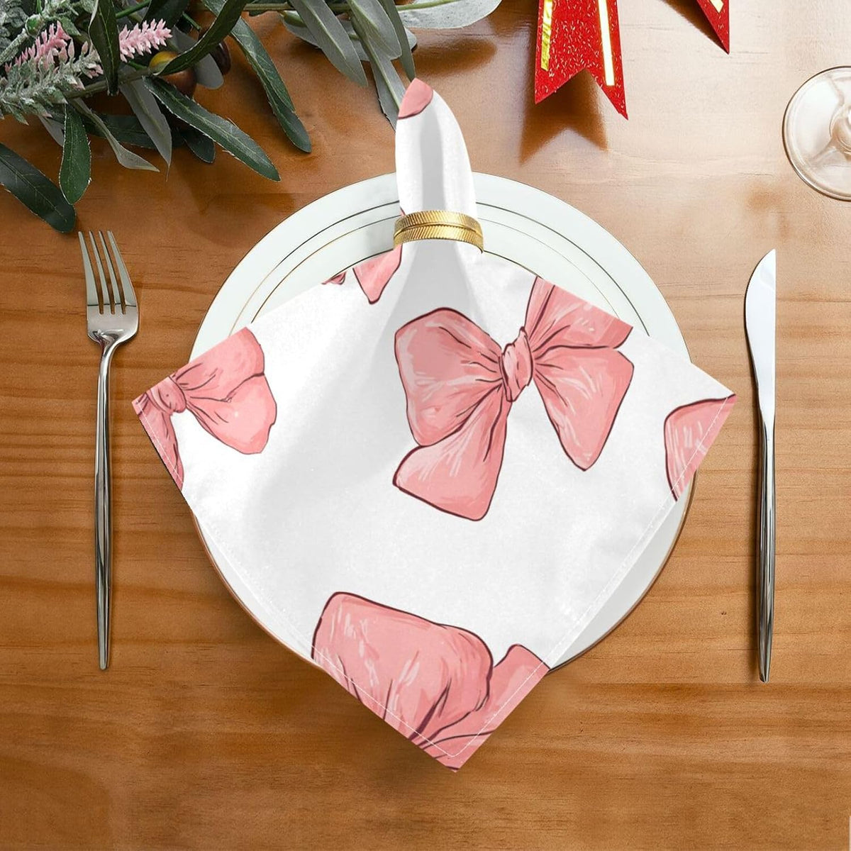 Dinner Napkins Set of 4 Cute Pinkish Bows Reusable Table Cloth Napkins for Indoor Outdoor Family Dinners Cocktail Parties Weddings Hotel Restaurant, 20 × 20 in