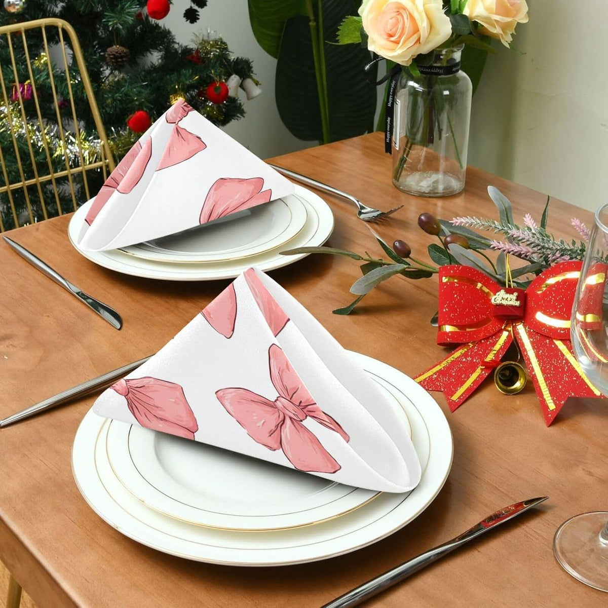 Dinner Napkins Set of 4 Cute Pinkish Bows Reusable Table Cloth Napkins for Indoor Outdoor Family Dinners Cocktail Parties Weddings Hotel Restaurant, 20 × 20 in