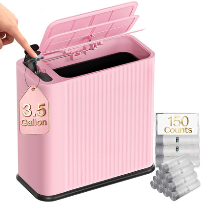 Bathroom Trash Can with Lid 13 Liter/ 3.5 Gallon Pink Trash Can with Pop-Up Lid Bedroom Trash Can Small Garbage Can with 150 Counts Trash Bags for Small Bathroom Bedroom Office
