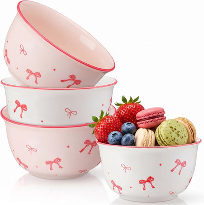 4 Pcs Pink Bow Ceramic Bowls, 4.5 Inch 10oz Porcelain Dishes