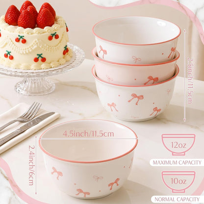 4 Pcs Pink Bow Ceramic Bowls, 4.5 Inch 10oz Porcelain Dishes