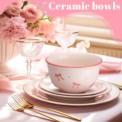 4 Pcs Pink Bow Ceramic Bowls, 4.5 Inch 10oz Porcelain Dishes