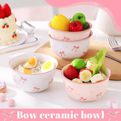 4 Pcs Pink Bow Ceramic Bowls, 4.5 Inch 10oz Porcelain Dishes