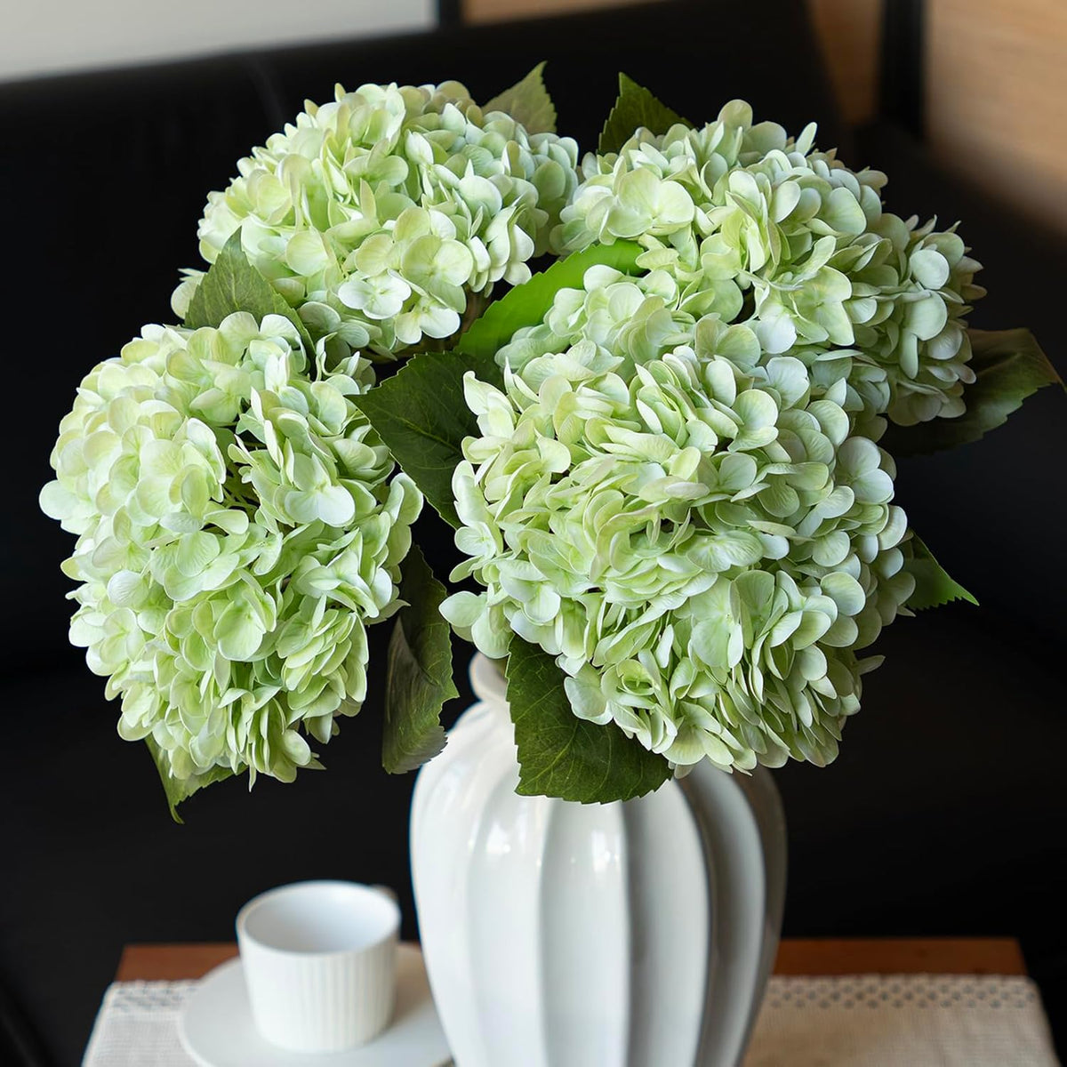 22in Soft Real Touch Hydrangea Artificial Flowers, Large Long Stem Latex Faux Flowers for Wedding Bouquet, Party, Home，Outdoor Garden Office Table Centerpieces,Front Porch,Light Green 4pcs