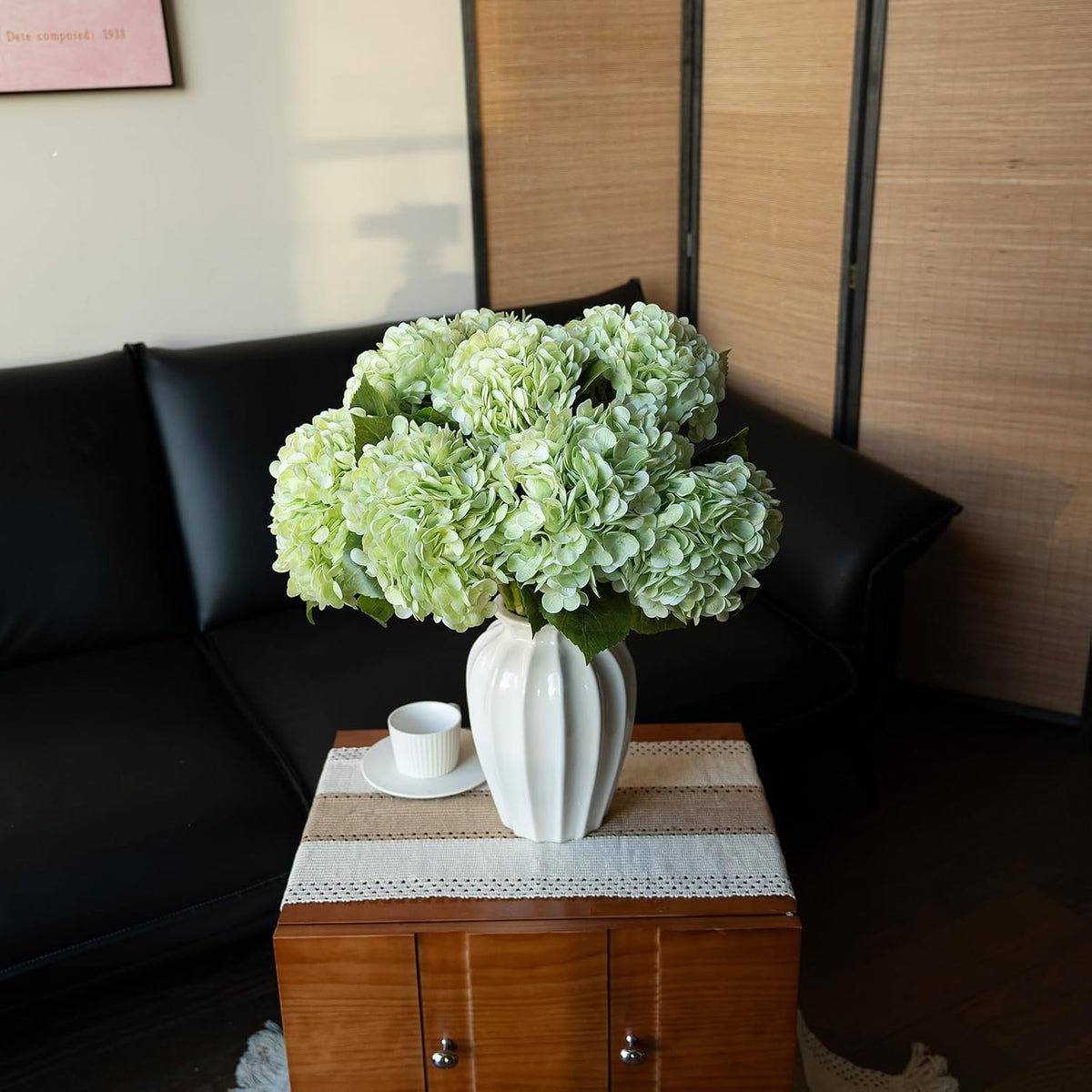 22in Soft Real Touch Hydrangea Artificial Flowers, Large Long Stem Latex Faux Flowers for Wedding Bouquet, Party, Home，Outdoor Garden Office Table Centerpieces,Front Porch,Light Green 4pcs