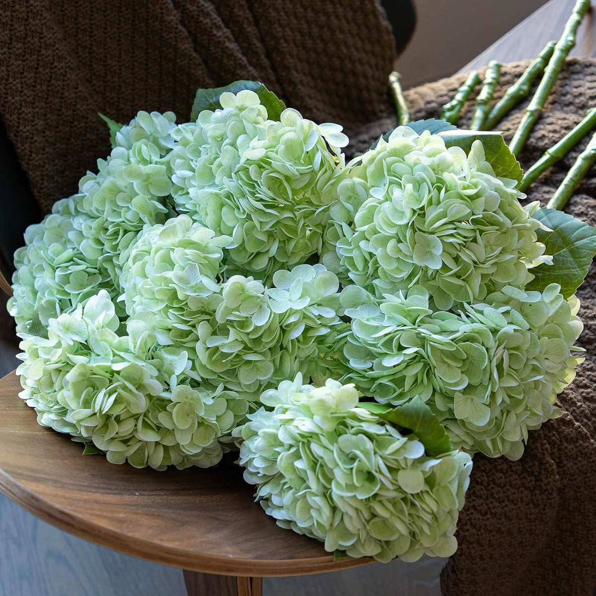22in Soft Real Touch Hydrangea Artificial Flowers, Large Long Stem Latex Faux Flowers for Wedding Bouquet, Party, Home，Outdoor Garden Office Table Centerpieces,Front Porch,Light Green 4pcs