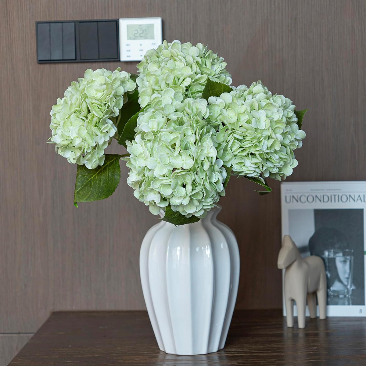 22in Soft Real Touch Hydrangea Artificial Flowers, Large Long Stem Latex Faux Flowers for Wedding Bouquet, Party, Home，Outdoor Garden Office Table Centerpieces,Front Porch,Light Green 4pcs