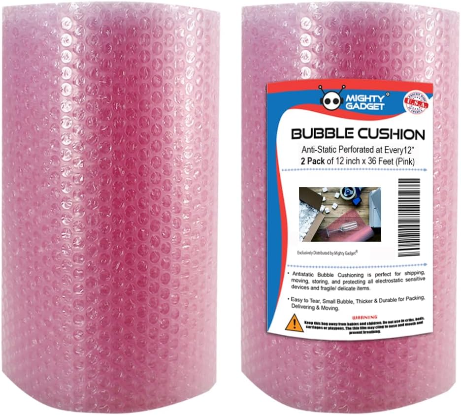 Pink Bubble Cushioning Wrap for Fragile Items, Windows, Doors, Furniture, Electronics - 2 Rolls, 12" x 36ft, Lightweight, Reusable, Perforated, Anti-Static