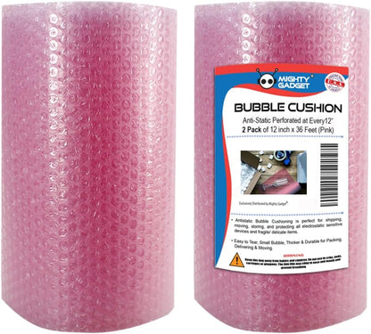 Pink Bubble Cushioning Wrap for Fragile Items, Windows, Doors, Furniture, Electronics - 2 Rolls, 12" x 36ft, Lightweight, Reusable, Perforated, Anti-Static
