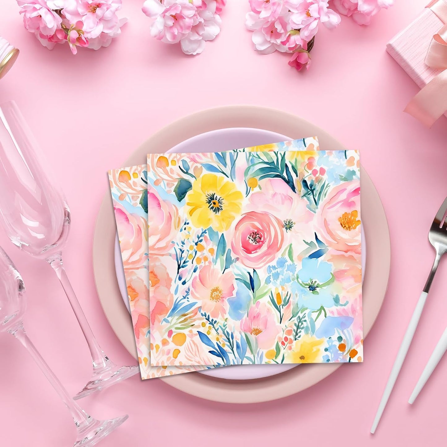 40PCS Floral Paper Napkins, 6.5" x 6.5" Disposable Luncheon Napkins with Watercolor Pink Roses & Yellow Flowers Design for Wedding Receptions, Bridal, Baby Showers, Birthday Parties, Outdoor Picnics