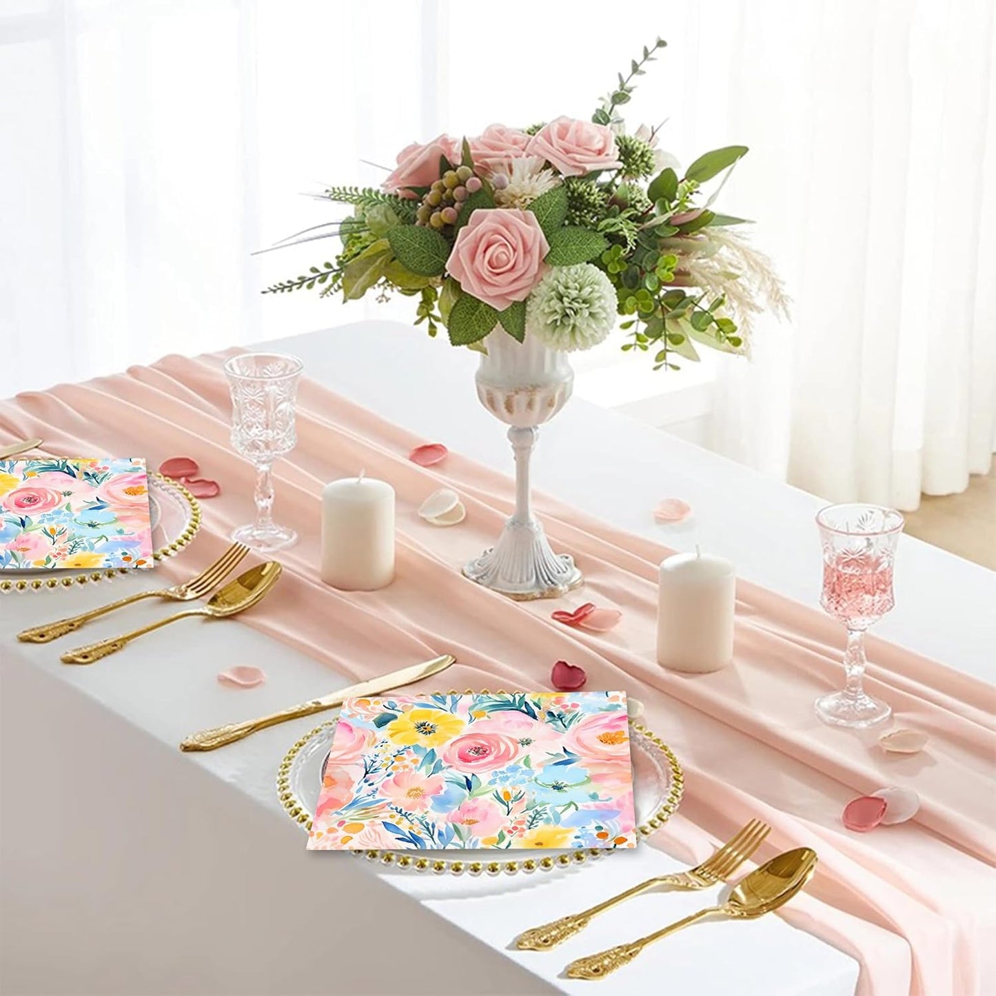 40PCS Floral Paper Napkins, 6.5" x 6.5" Disposable Luncheon Napkins with Watercolor Pink Roses & Yellow Flowers Design for Wedding Receptions, Bridal, Baby Showers, Birthday Parties, Outdoor Picnics