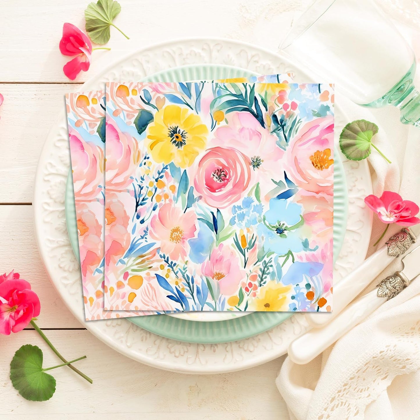 40PCS Floral Paper Napkins, 6.5" x 6.5" Disposable Luncheon Napkins with Watercolor Pink Roses & Yellow Flowers Design for Wedding Receptions, Bridal, Baby Showers, Birthday Parties, Outdoor Picnics