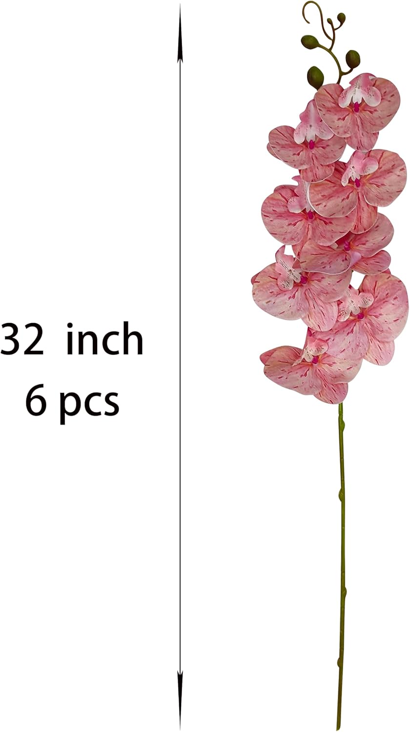 6 Pack Pink Orchid Artificial Flowers Real Touch, 32'' Artificial Fake Faux Silk Orchid Stem Bouquets for Wedding Party Home Garden Decor,Orquideas Artificiales para Decora (not Including Pot)