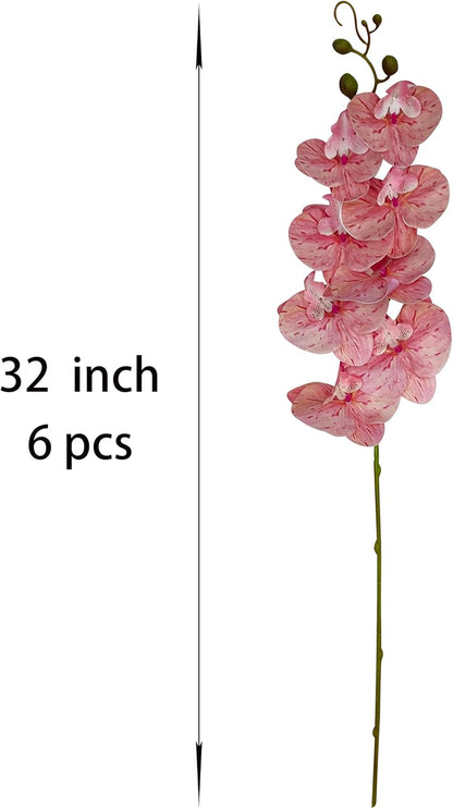 6 Pack Pink Orchid Artificial Flowers Real Touch, 32'' Artificial Fake Faux Silk Orchid Stem Bouquets for Wedding Party Home Garden Decor,Orquideas Artificiales para Decora (not Including Pot)
