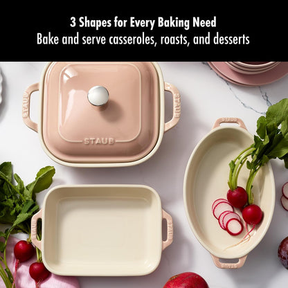 Ceramic 4-pc Baking Pans Set, Casserole Dish with Lid, Brownie Pan, Light Pink