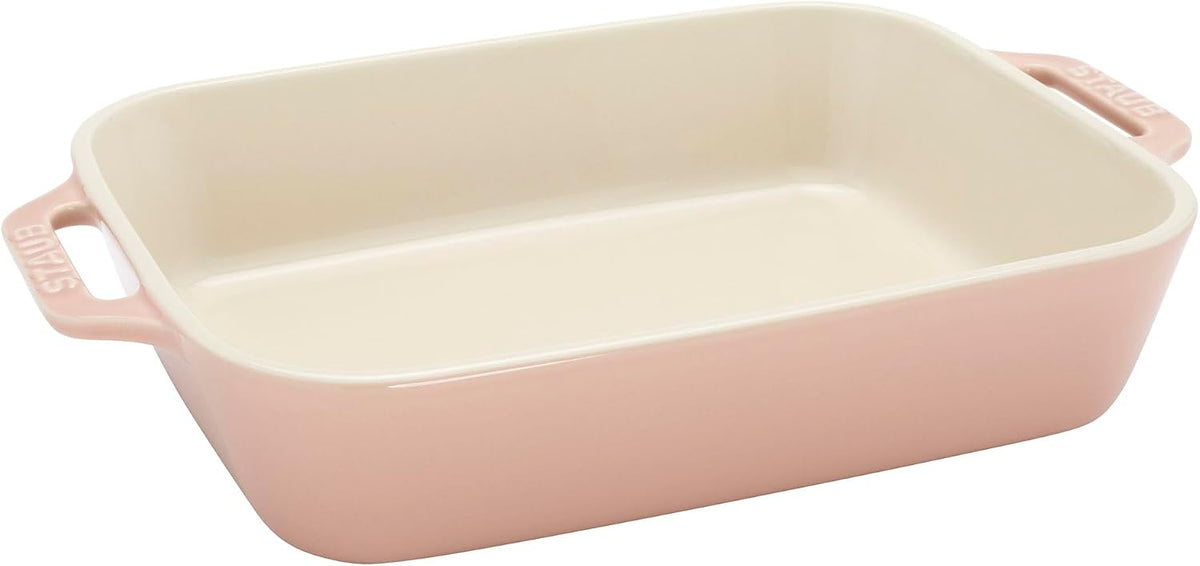 Ceramic 4-pc Baking Pans Set, Casserole Dish with Lid, Brownie Pan, Light Pink