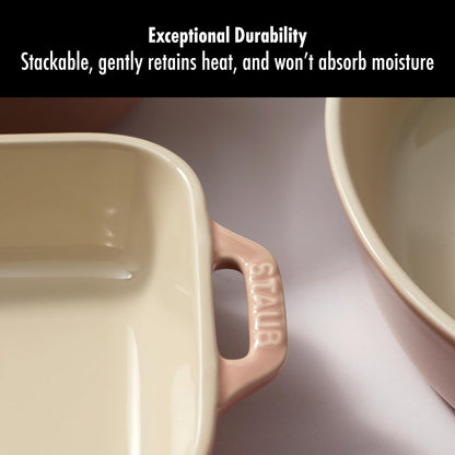 Ceramic 4-pc Baking Pans Set, Casserole Dish with Lid, Brownie Pan, Light Pink