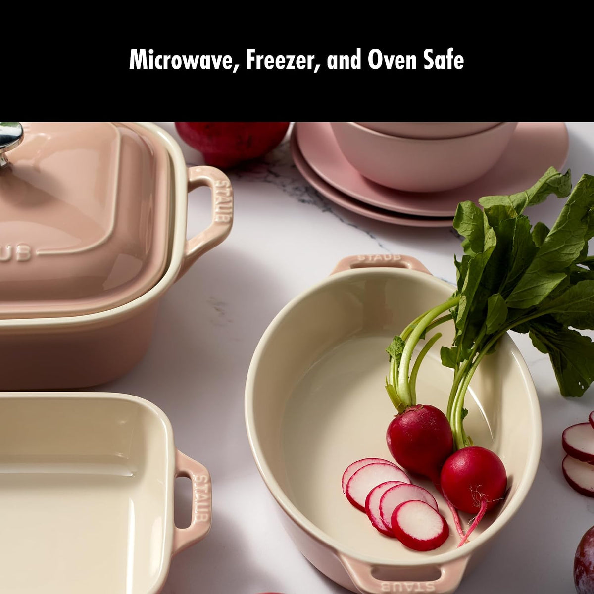 Ceramic 4-pc Baking Pans Set, Casserole Dish with Lid, Brownie Pan, Light Pink