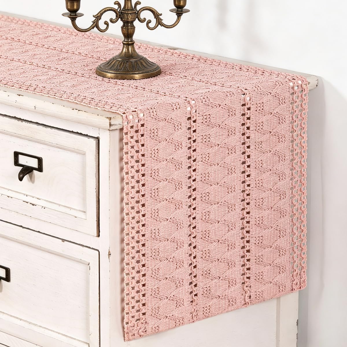 Pink Boho Table Runner Farmhouse Macrame Woven Table Runner 12x48 Inch