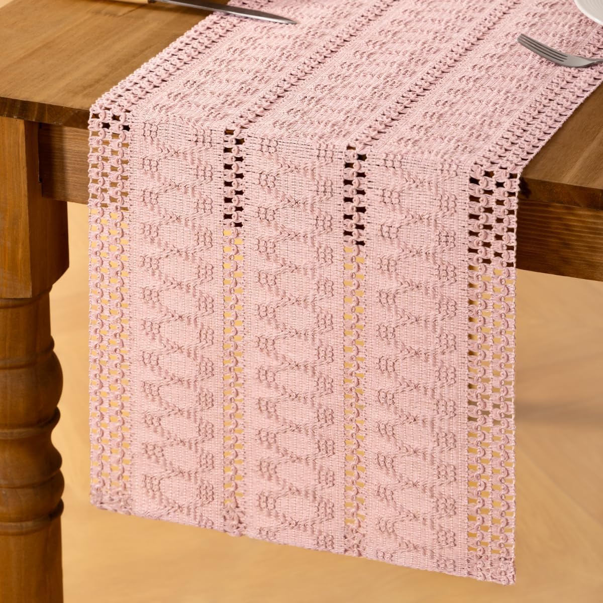 Pink Boho Table Runner Farmhouse Macrame Woven Table Runner 12x48 Inch
