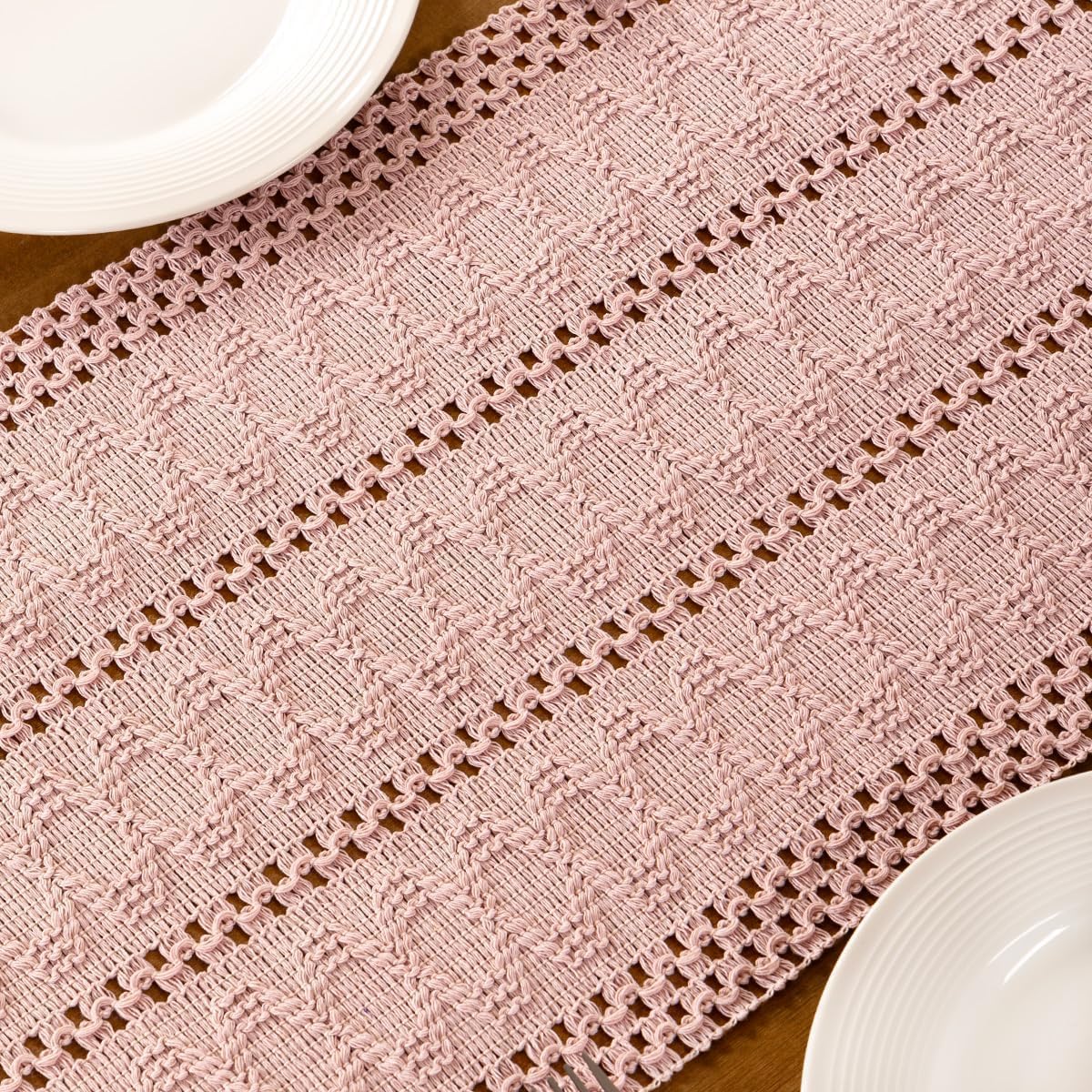 Pink Boho Table Runner Farmhouse Macrame Woven Table Runner 12x48 Inch