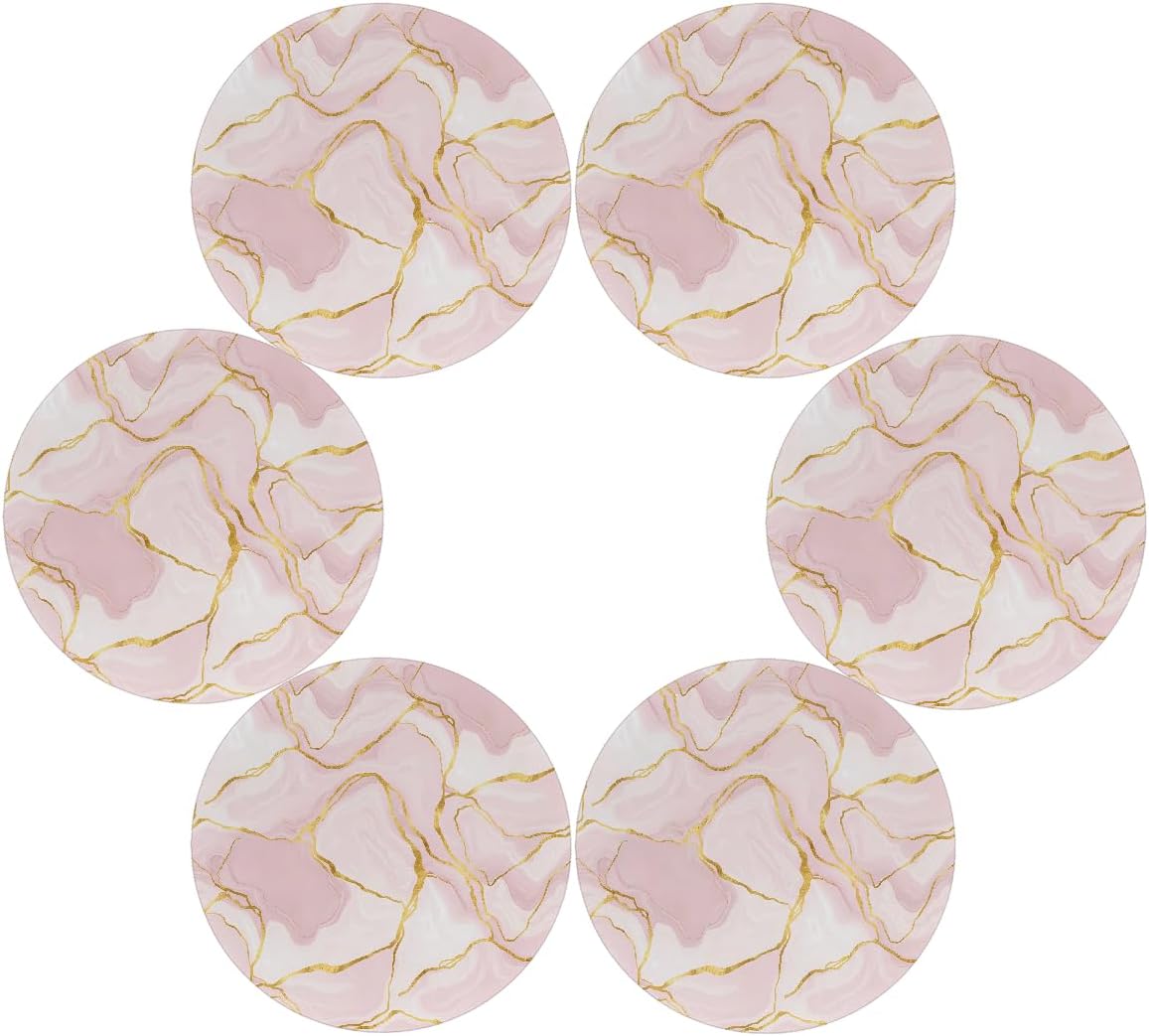 15 Inch Round Placemats Set of 6, Gold Pink Marble Washable Heat Resistant Table Mats, Non Slip Wipeable Place Mats for Kitchen Dining Holiday Party Table Decor, Indoor & Outdoor Use
