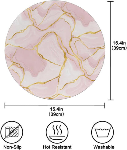 15 Inch Round Placemats Set of 6, Gold Pink Marble Washable Heat Resistant Table Mats, Non Slip Wipeable Place Mats for Kitchen Dining Holiday Party Table Decor, Indoor & Outdoor Use