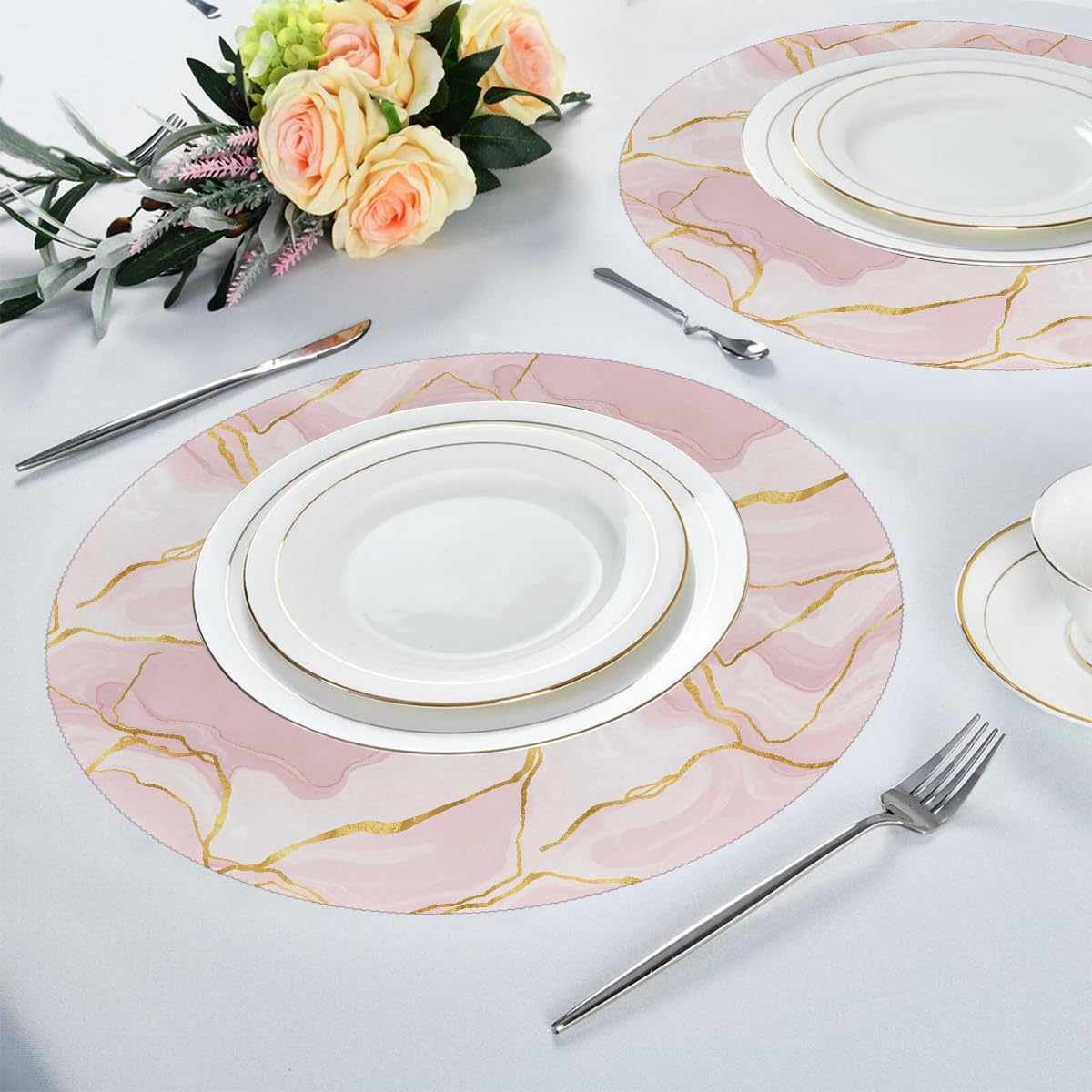 15 Inch Round Placemats Set of 6, Gold Pink Marble Washable Heat Resistant Table Mats, Non Slip Wipeable Place Mats for Kitchen Dining Holiday Party Table Decor, Indoor & Outdoor Use
