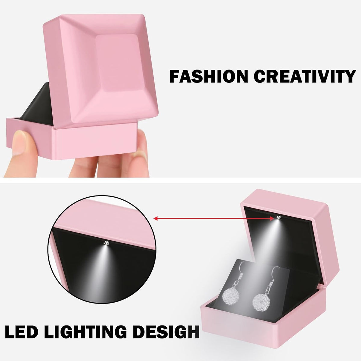 LED Stud Earring Jewelry Gift Box for Proposal, Wedding, Engagement，Birthday Luxury Jewelry Gift Box with LED Light, Jewellry Display Box (Pink)