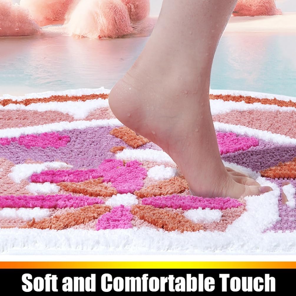 Bohemia Half Round Bathroom Rug Super Absorbent Non-Slip Microfiber Shower Floor Mats Soft Shaggy Geometric Floral Bath Rugs Thick Fluffy Machine Washable Semi Circle Doormats Decor 16" x 24"