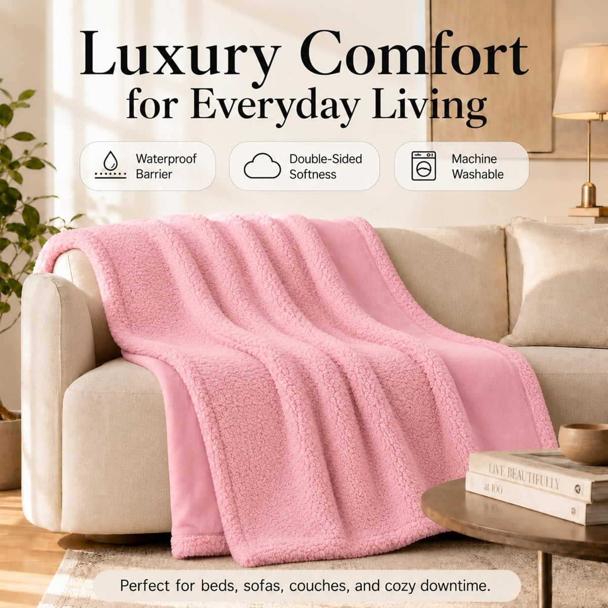 Layered Blankets The Accent - Waterproof, Double Sided Luxury Blanket - Bed, Sofa, Couch - Machine Washable, Comfy - Sherpa and Fleece, Protect The Bed