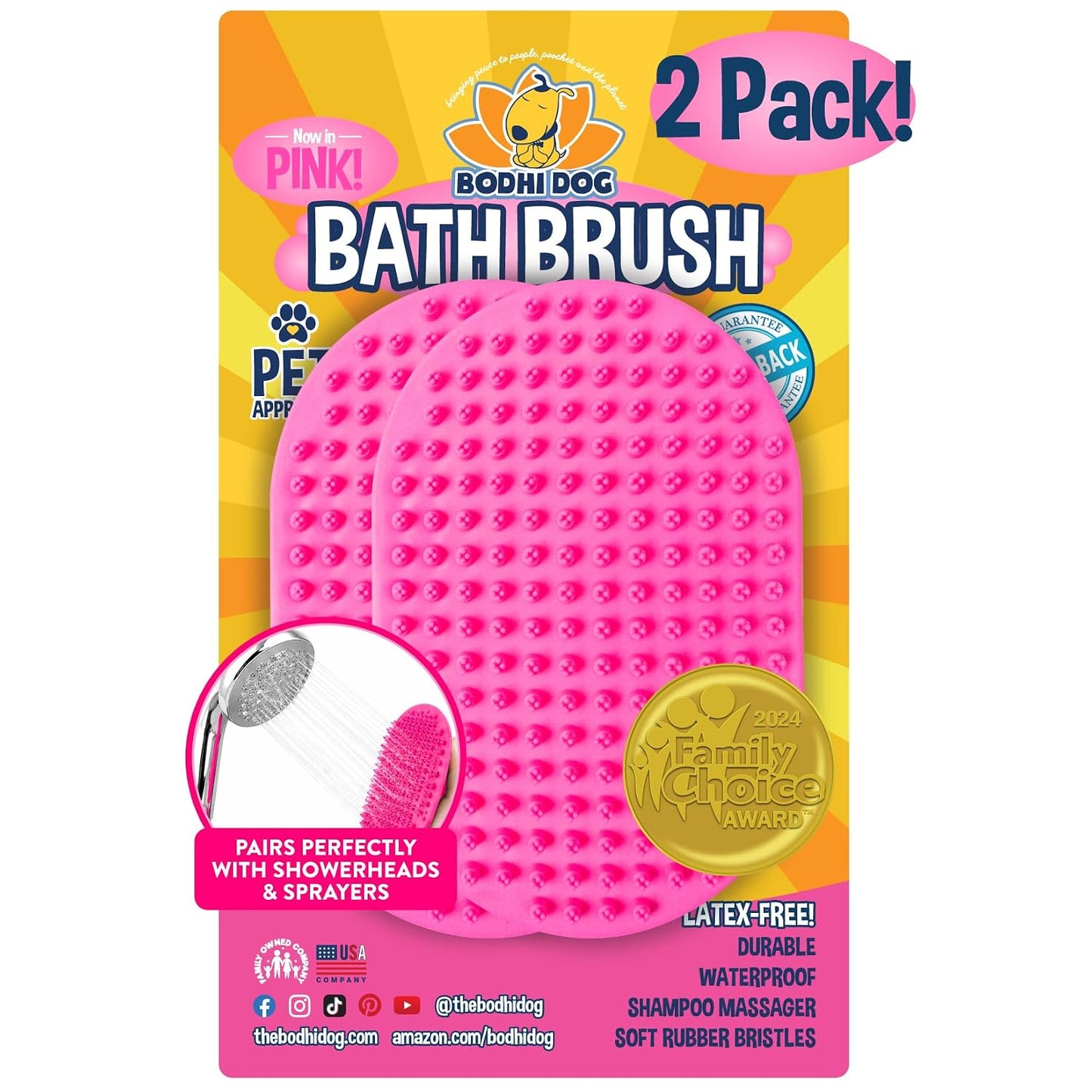 Bodhi Dog Shampoo Brush - Pet Grooming & Bath Supplies for Dogs and Cats - Bath Brush for Long & Short Hair - Premium Scrubber for Shower, Showerhead, Sprayer & Bathing (Two Pack, Pink)