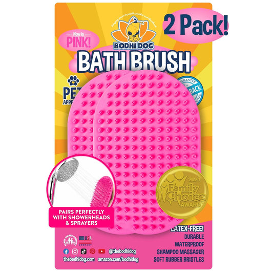 Bodhi Dog Shampoo Brush - Pet Grooming & Bath Supplies for Dogs and Cats - Bath Brush for Long & Short Hair - Premium Scrubber for Shower, Showerhead, Sprayer & Bathing (Two Pack, Pink)