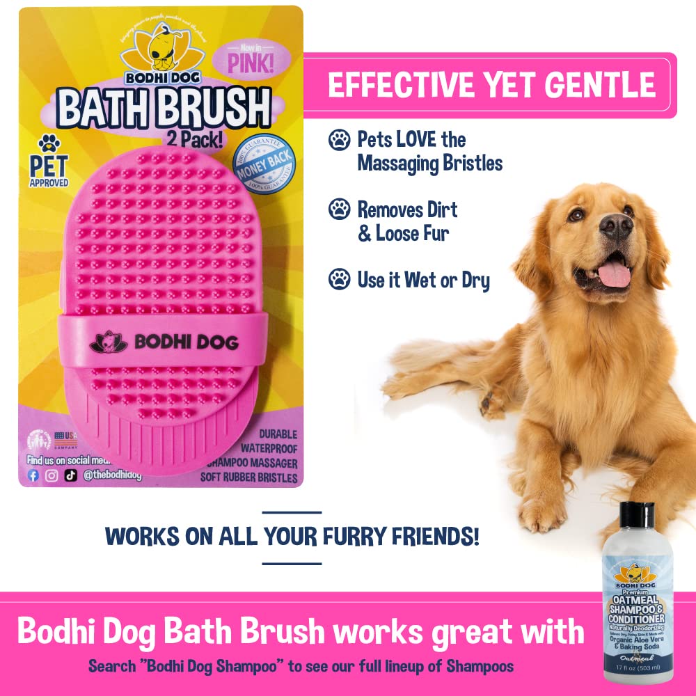 Bodhi Dog Shampoo Brush - Pet Grooming & Bath Supplies for Dogs and Cats - Bath Brush for Long & Short Hair - Premium Scrubber for Shower, Showerhead, Sprayer & Bathing (Two Pack, Pink)